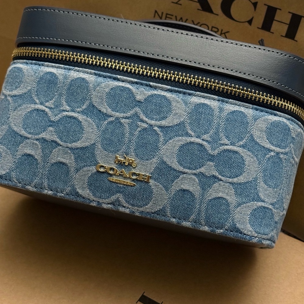 Coach Light Blue Denim Signature Cosmetic Case with Gold Hardware